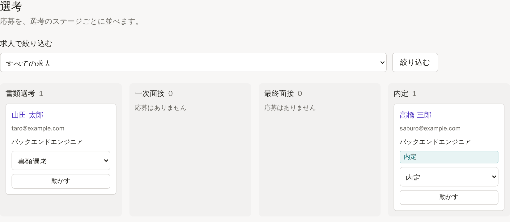 応募者を選考ステージごとの列に並べた、採用管理のカンバン
